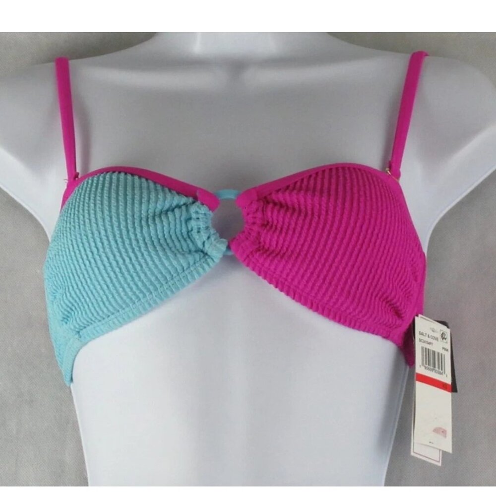 Salt + Cove Juniors Convertible Bandeau Bikini Top Swimsuit, Pink And Blue, XS